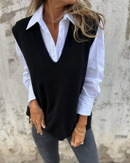 Women's V-Neck Knitted Layering Vest in Black – product view 4 | Hensley London