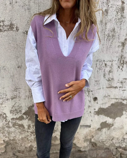 Women's V-Neck Knitted Layering Vest in Purple – product view 5 | Hensley London