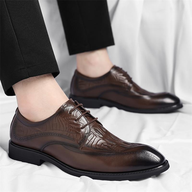 Men's Embossed Wingtip Lace-Up Dress Shoes in Brown – worn side view | Hensley London