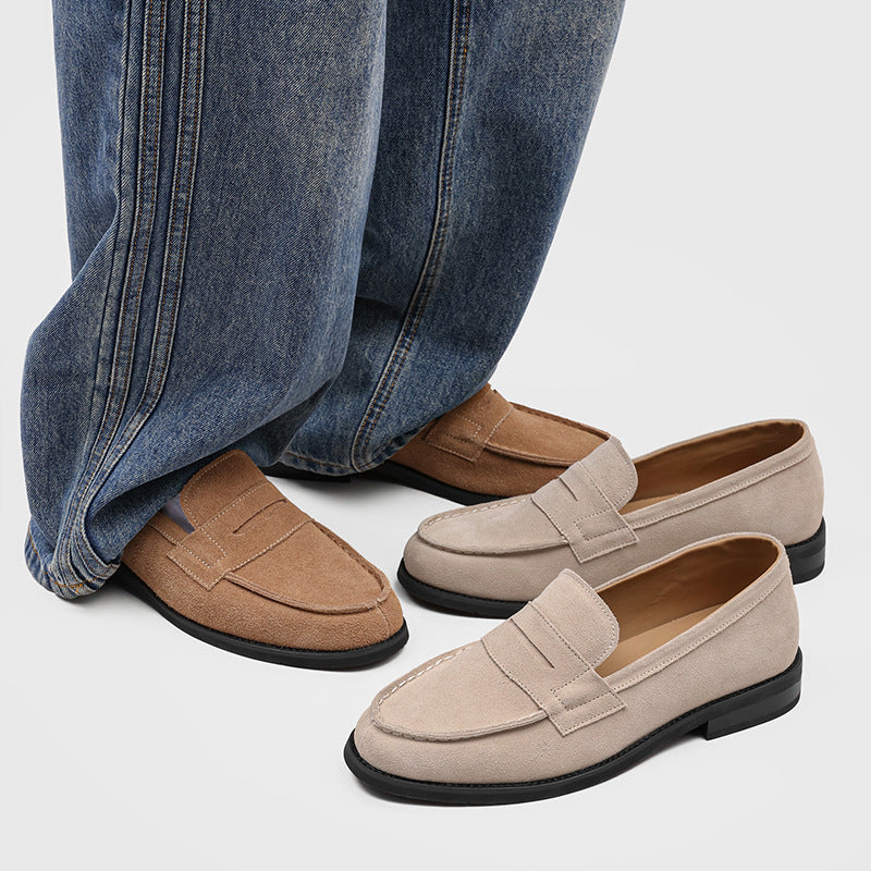 Men's Suede Penny Loafers with Stitched Moc Toe in Apricot - additional view 24 | Hensley London