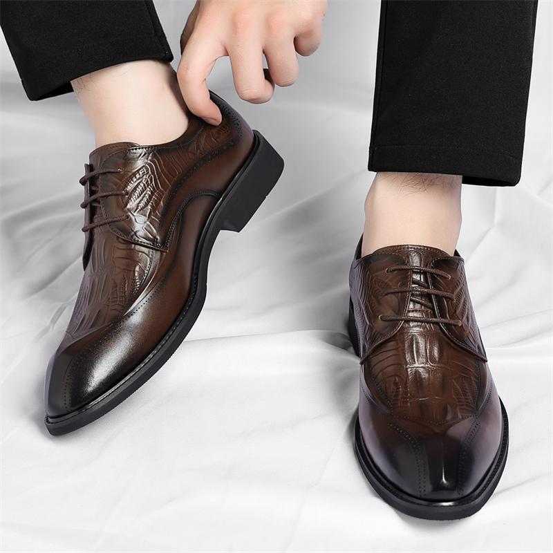 Men's Embossed Wingtip Lace-Up Dress Shoes in Brown – worn front and heel detail | Hensley London