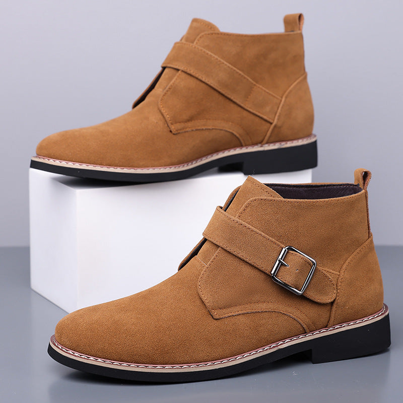 Men's Buckle-Strap Ankle Boots with Tapered Toe in Brown – paired side view | Hensley London