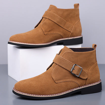 Men's Buckle-Strap Ankle Boots with Tapered Toe in Brown – paired side view | Hensley London