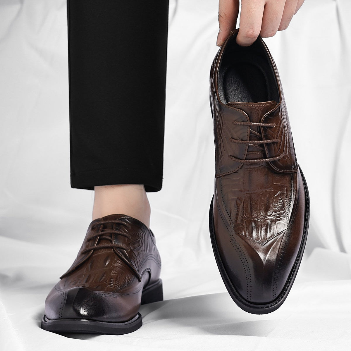Men's Embossed Wingtip Lace-Up Dress Shoes in Brown – worn front and top view | Hensley London
