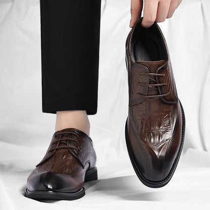 Men's Embossed Wingtip Lace-Up Dress Shoes in Brown – worn front and top view | Hensley London