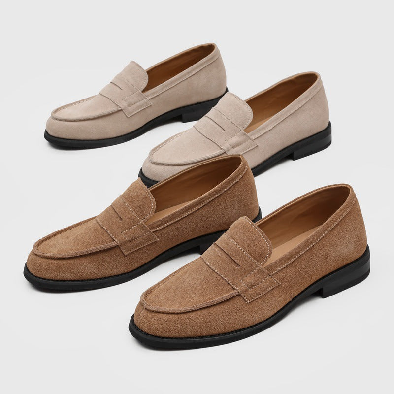 Men's Suede Penny Loafers with Stitched Moc Toe in Beige - additional view 17 | Hensley London