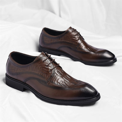 Men's Embossed Wingtip Lace-Up Dress Shoes in Brown – paired side view | Hensley London