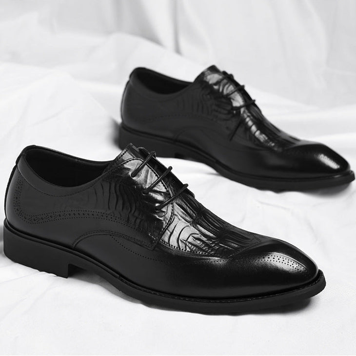 Men's Embossed Wingtip Lace-Up Dress Shoes in Black – paired side view | Hensley London