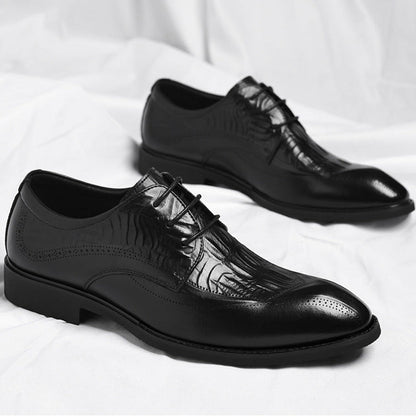 Men's Embossed Wingtip Lace-Up Dress Shoes in Black – paired side view | Hensley London