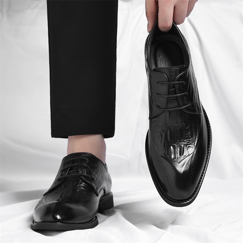 Men's Embossed Wingtip Lace-Up Dress Shoes in Black – worn front and top view | Hensley London