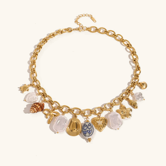 Ocean-Inspired Gold Chain Necklace with Freshwater Pearls and Seashell Charms - Waterproof and Hypoallergenic 0
