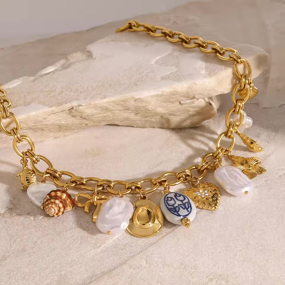 Ocean-Inspired Gold Chain Necklace with Freshwater Pearls and Seashell Charms - Waterproof and Hypoallergenic 2