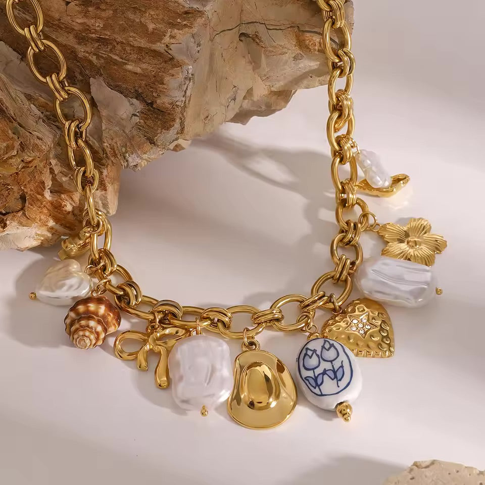 Ocean-Inspired Gold Chain Necklace with Freshwater Pearls and Seashell Charms - Waterproof and Hypoallergenic 3