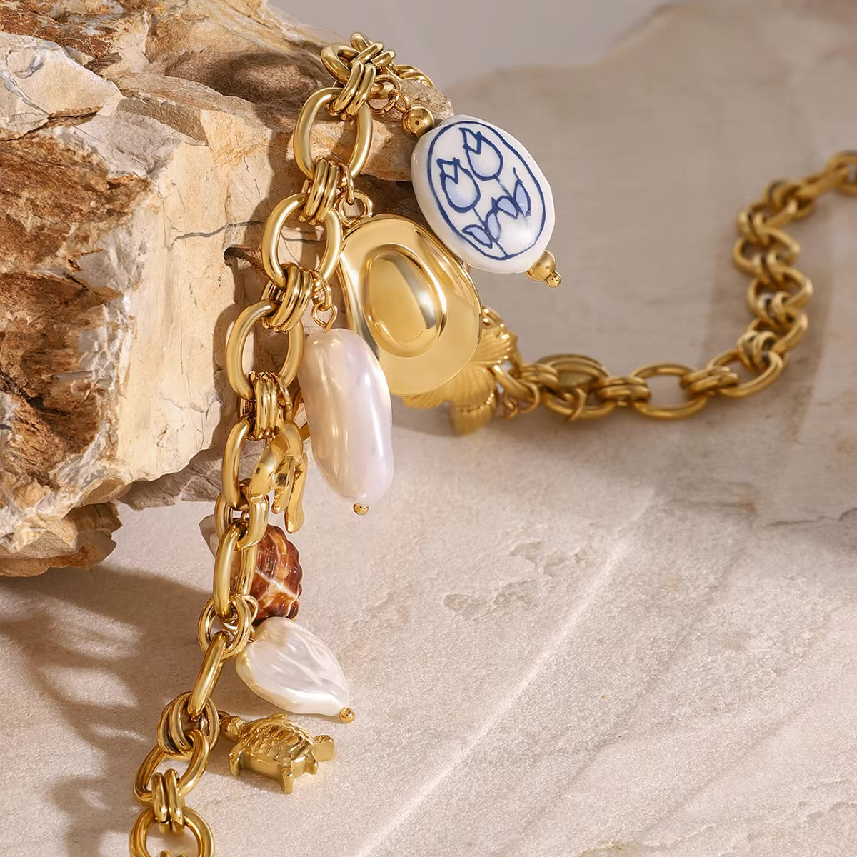 Ocean-Inspired Gold Chain Necklace with Freshwater Pearls and Seashell Charms - Waterproof and Hypoallergenic 4