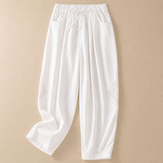 Women's Cotton Linen Drawstring Pants – front view | Hensley London