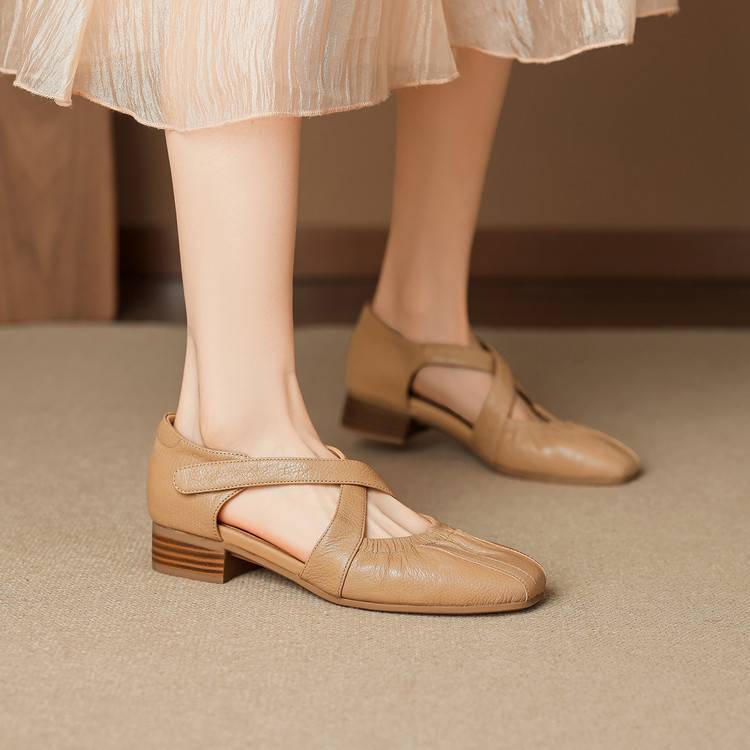Women's Genuine Leather Cross-Strap Square-Toe Flats - side view | Hensley London