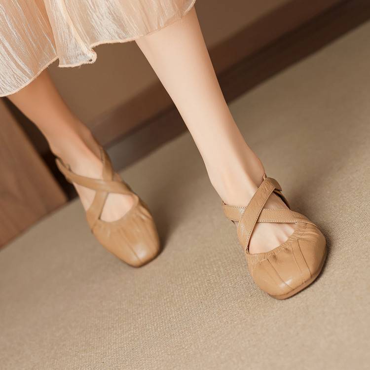 Women's Genuine Leather Cross-Strap Square-Toe Flats - angled view | Hensley London