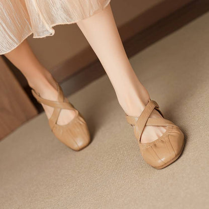 Women's Genuine Leather Cross-Strap Square-Toe Flats - angled view | Hensley London