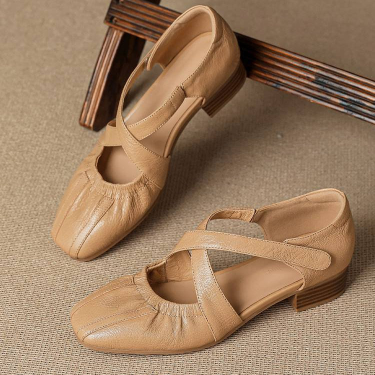 Women's Genuine Leather Cross-Strap Square-Toe Flats - top view | Hensley London