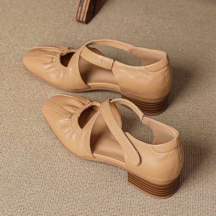 Women's Genuine Leather Cross-Strap Square-Toe Flats - strap detail | Hensley London