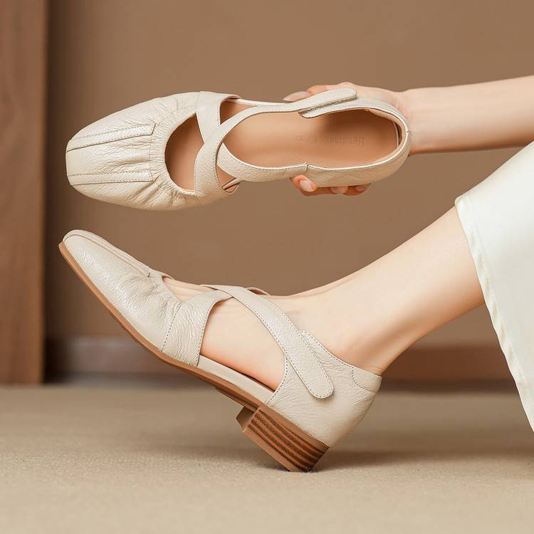 Women's Genuine Leather Cross-Strap Square-Toe Flats - heel view | Hensley London