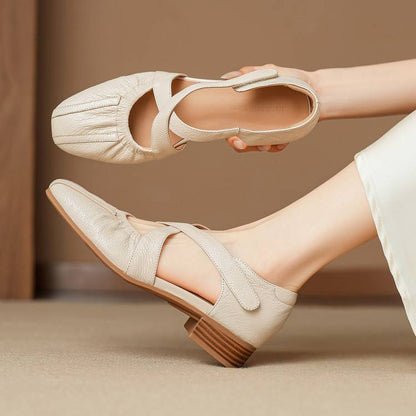 Women's Genuine Leather Cross-Strap Square-Toe Flats - heel view | Hensley London