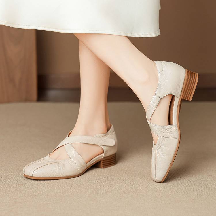 Women's Genuine Leather Cross-Strap Square-Toe Flats - sole view | Hensley London