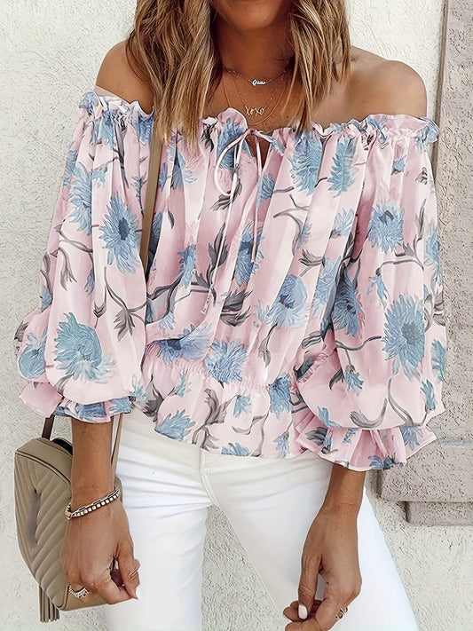Off-Shoulder Floral Blouse for Women – Lightweight Boho Summer Top with Balloon Sleeves and Smocked Waist 0