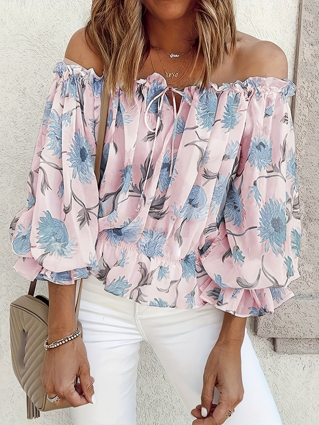 Off-Shoulder Floral Blouse for Women – Lightweight Boho Summer Top with Balloon Sleeves and Smocked Waist 3