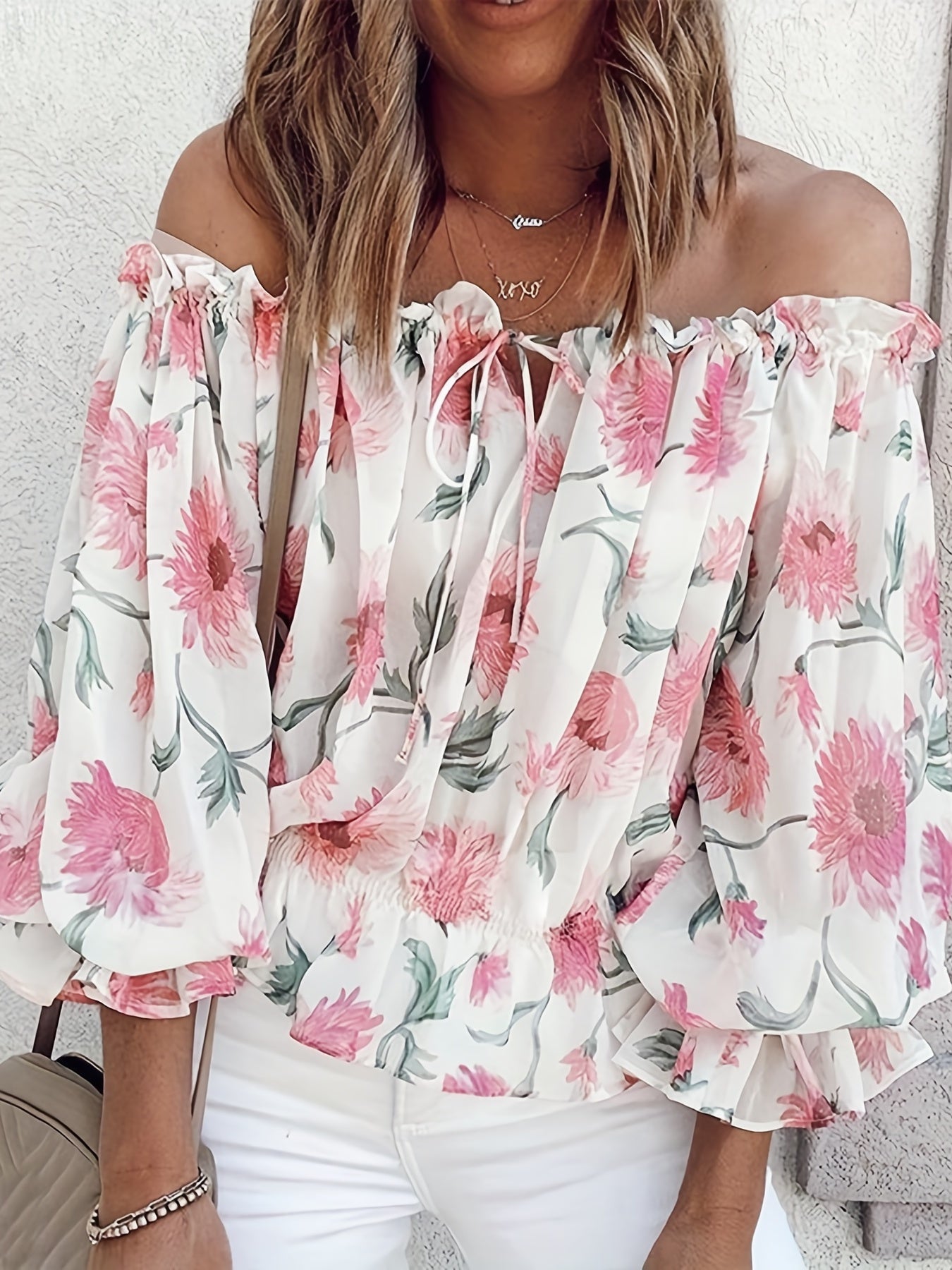 Off-Shoulder Floral Blouse for Women – Lightweight Boho Summer Top with Balloon Sleeves and Smocked Waist 4