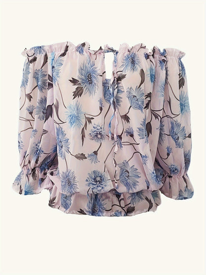 Off-Shoulder Floral Blouse for Women – Lightweight Boho Summer Top with Balloon Sleeves and Smocked Waist 7