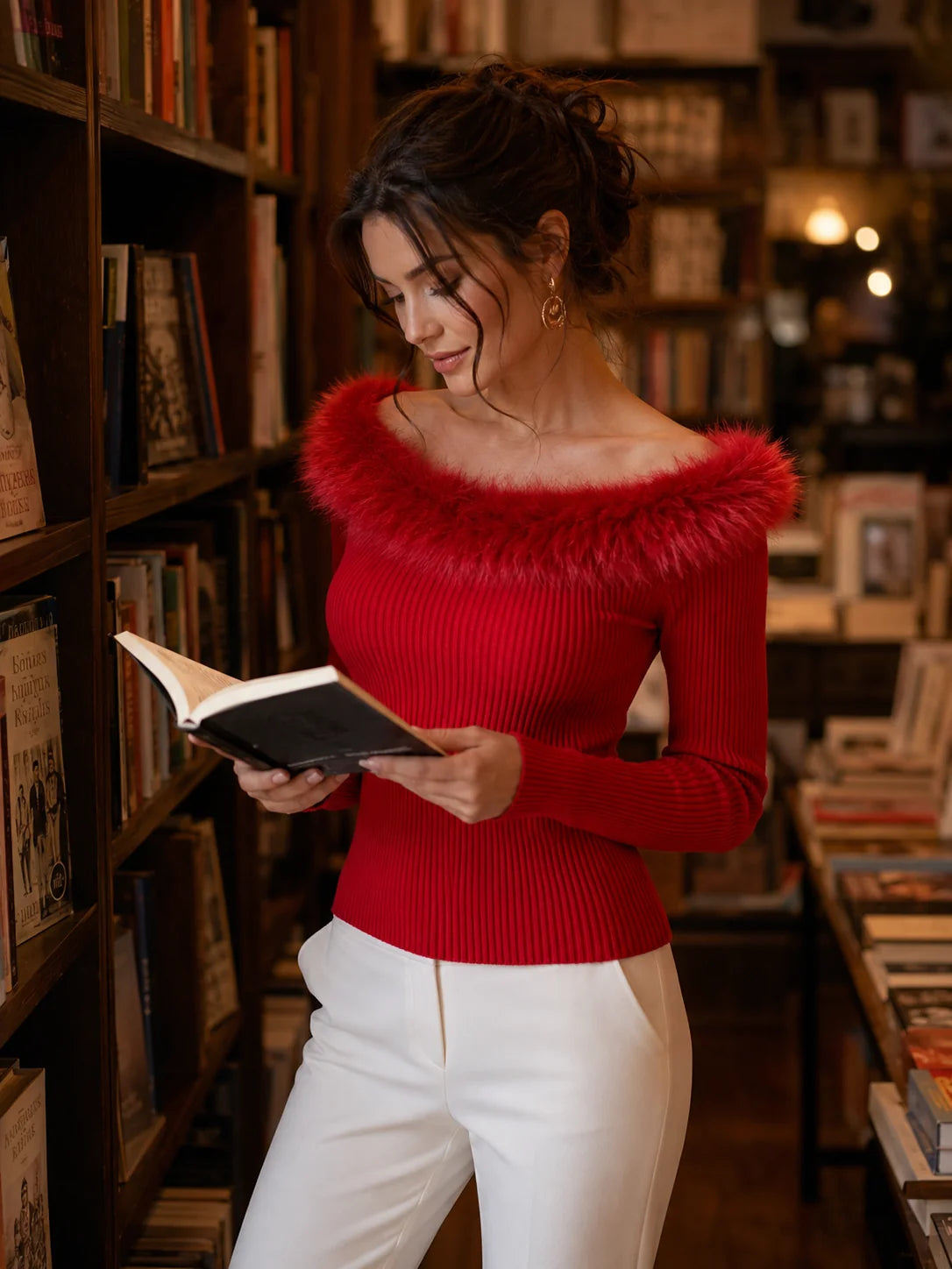 Women's Faux Fur Collar Ribbed Sweater – additional product view | Hensley London
