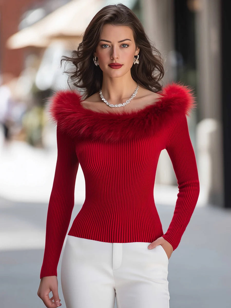 Women's Faux Fur Collar Ribbed Sweater – additional product view | Hensley London