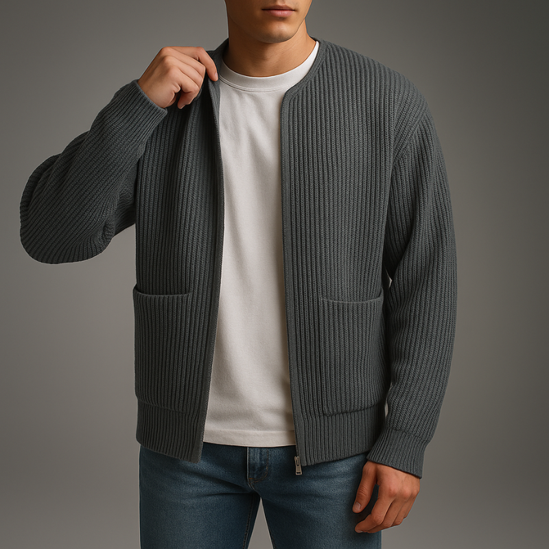 Men's Knit Zip-Up Cardigan in Khaki – front view | Hensley London