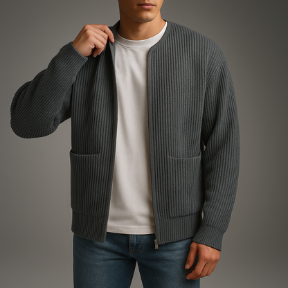 Men's Knit Zip-Up Cardigan in Khaki – front view | Hensley London