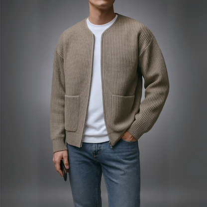 Men's Knit Zip-Up Cardigan in Black – side view | Hensley London