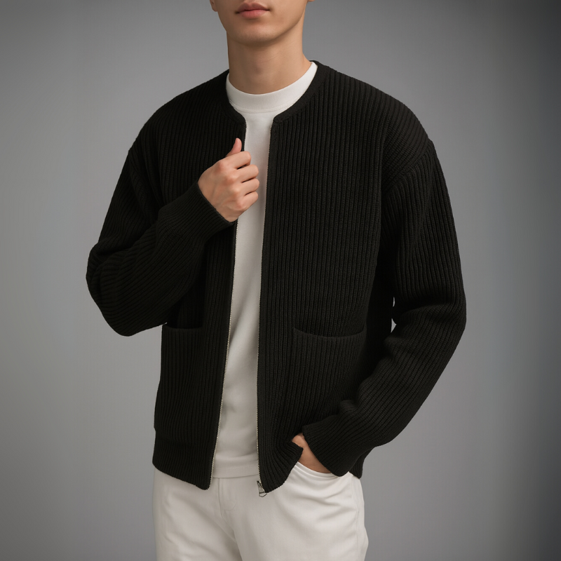 Men's Knit Zip-Up Cardigan – back view | Hensley London