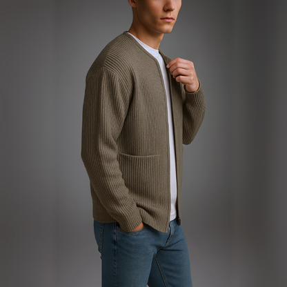 Men's Knit Zip-Up Cardigan in Gray – detail view | Hensley London