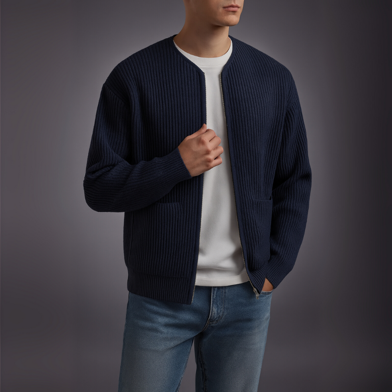 Men's Knit Zip-Up Cardigan in Navy – styled view | Hensley London