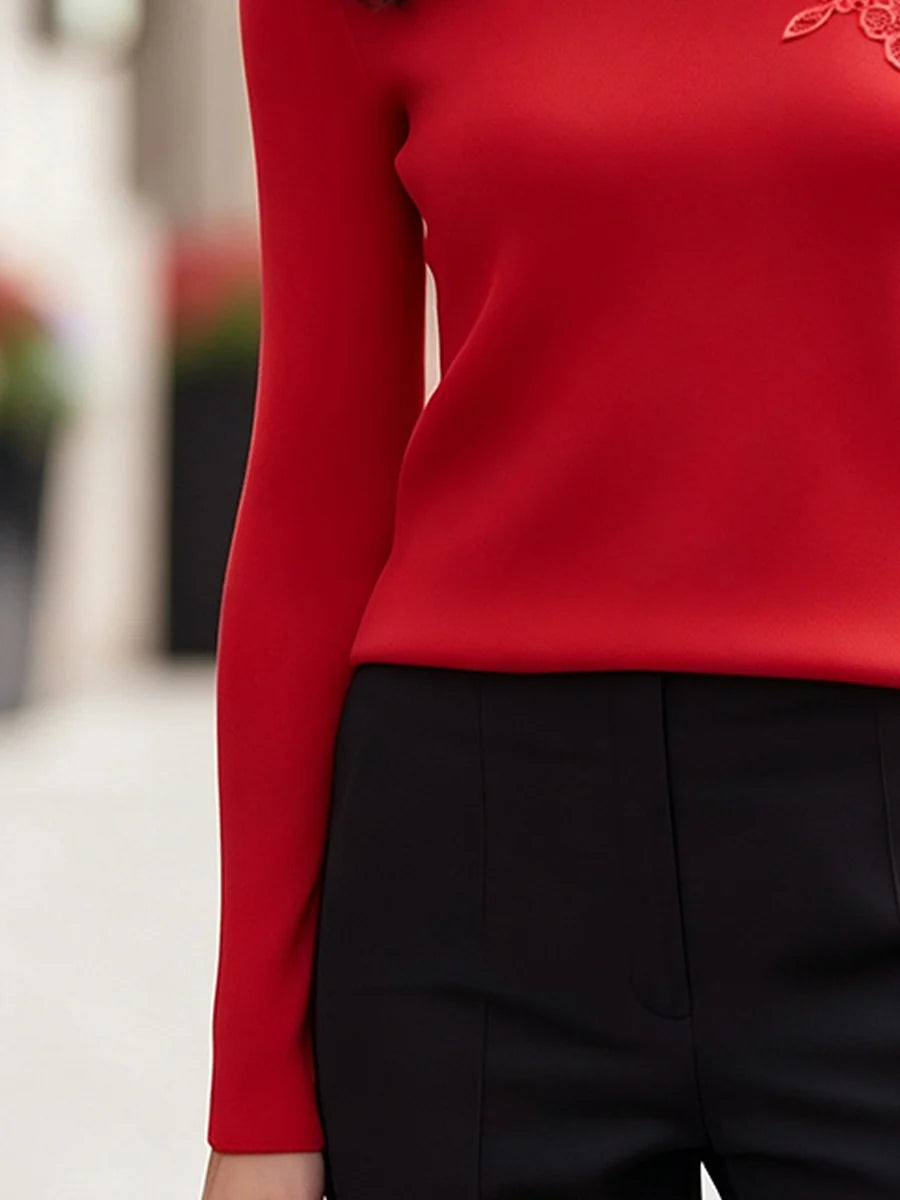 Women's One-Shoulder Lace-Trim Knit Sweater in Red – Product view | Hensley London
