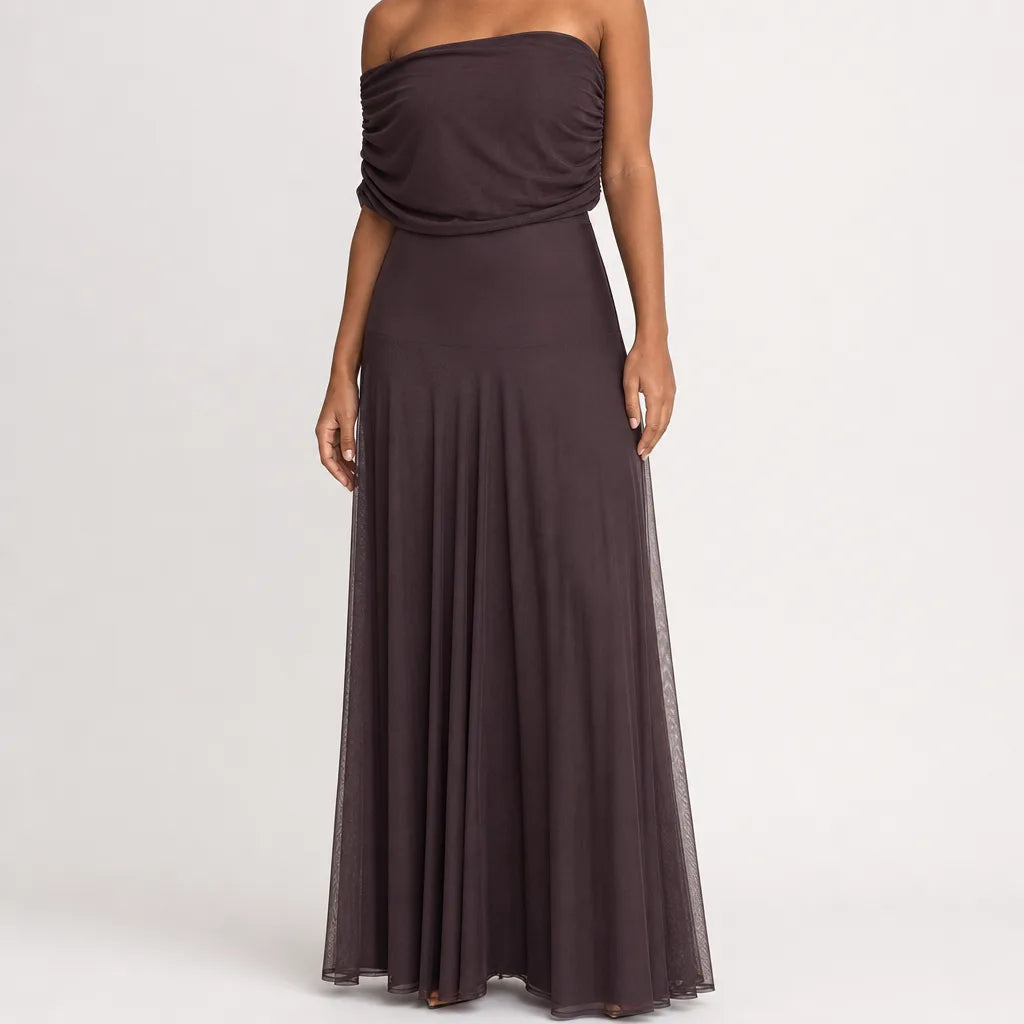 Women's One-Shoulder Maxi Dress in Brown – front view | Hensley London
