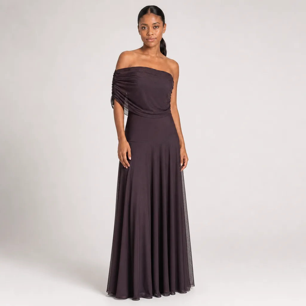 Women's One-Shoulder Maxi Dress in Brown – detail view | Hensley London