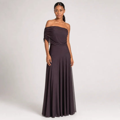 Women's One-Shoulder Maxi Dress in Brown – detail view | Hensley London