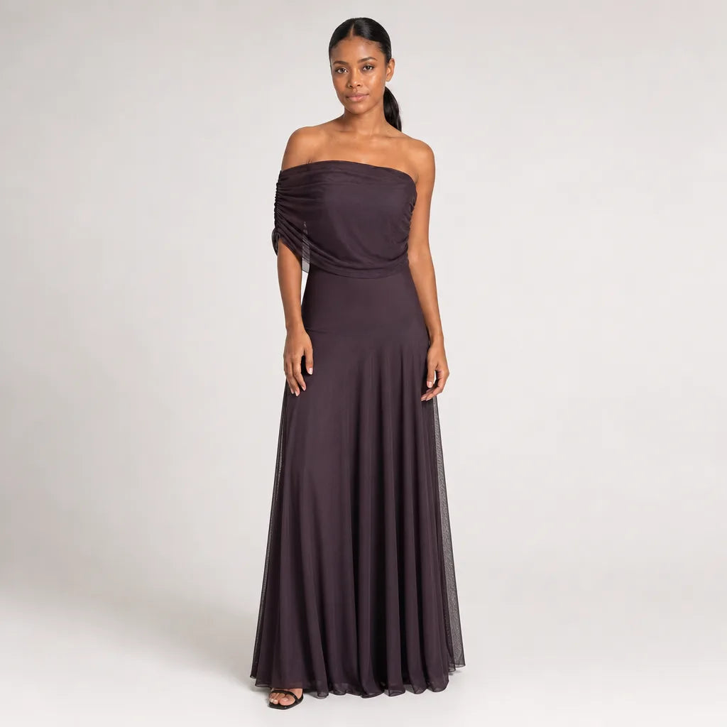 Women's One-Shoulder Maxi Dress in Brown – detail view | Hensley London