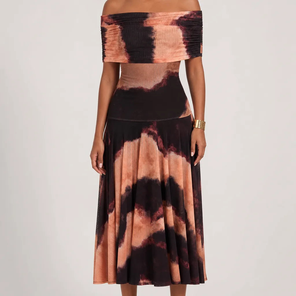 Women's One-Shoulder Maxi Dress in Black/Orange – front view | Hensley London