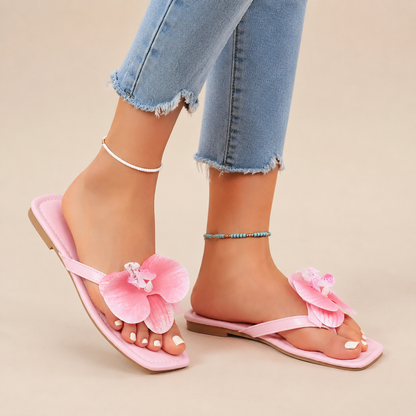 Women's Floral Square-Toe Flip-Flops in Pink – front view | Hensley London