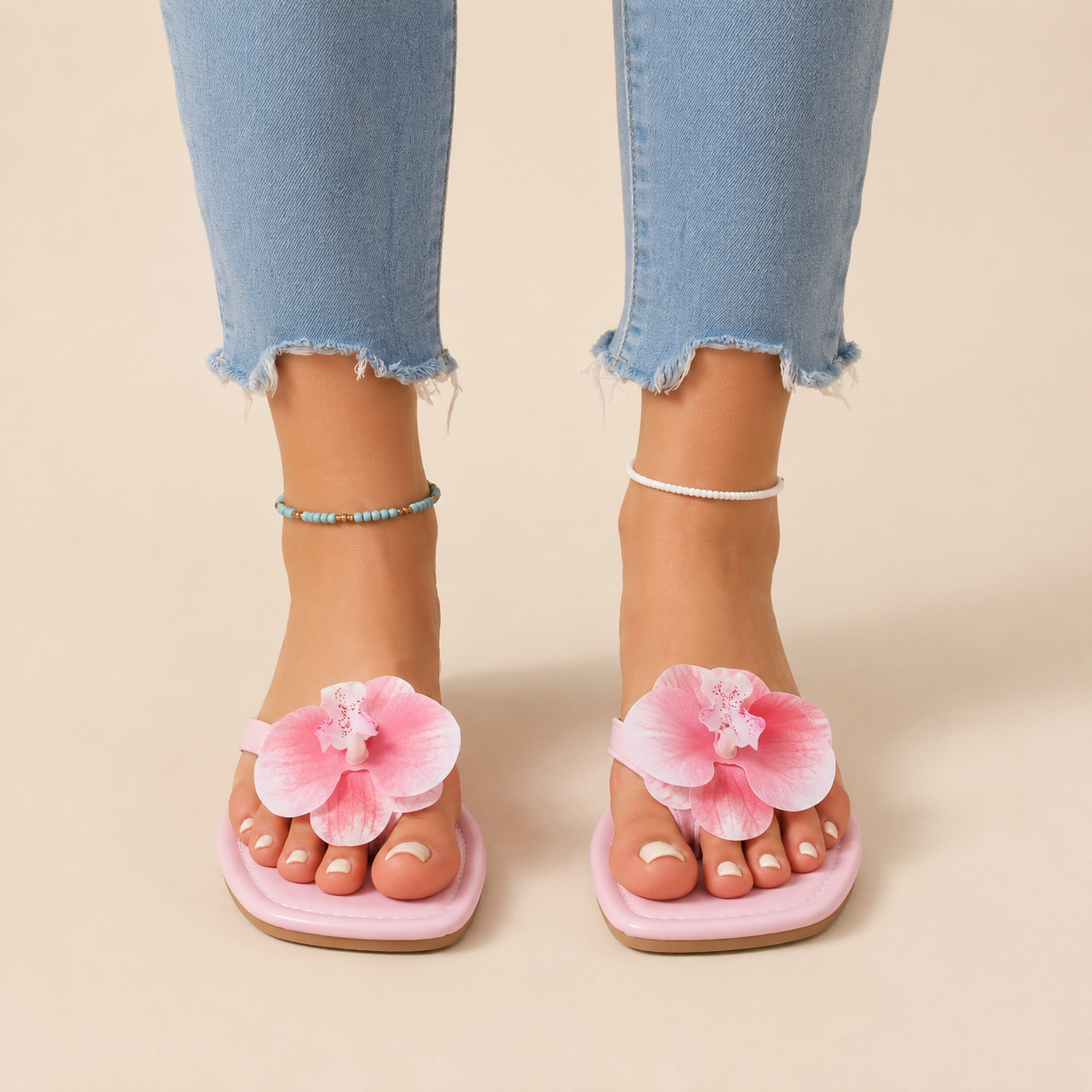 Women's Floral Square-Toe Flip-Flops in Yellow – angled view | Hensley London