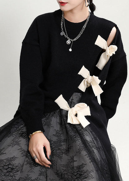 Women's Sweater Black Cotton Blend O-Neck Asymmetrical Design - 2