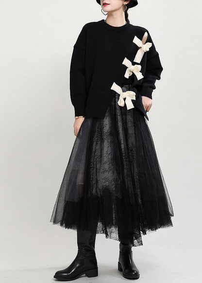 Women's Sweater Black Cotton Blend O-Neck Asymmetrical Design - 3