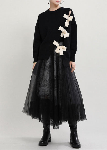 Women's Sweater Black Cotton Blend O-Neck Asymmetrical Design - 4